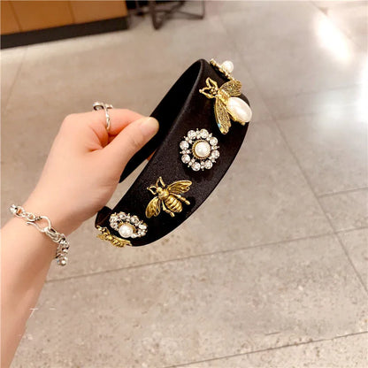 Fashion Flower Bee Alloy Cloth Inlay Artificial Pearls Rhinestones Hair Band 1 Piece