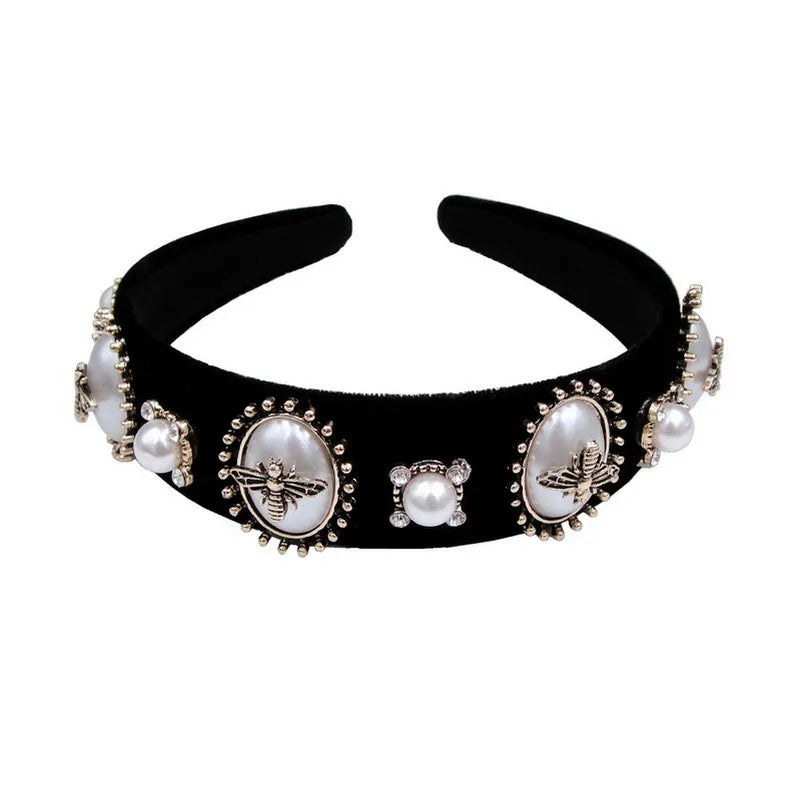 Fashion Flower Bee Alloy Cloth Inlay Artificial Pearls Rhinestones Hair Band 1 Piece