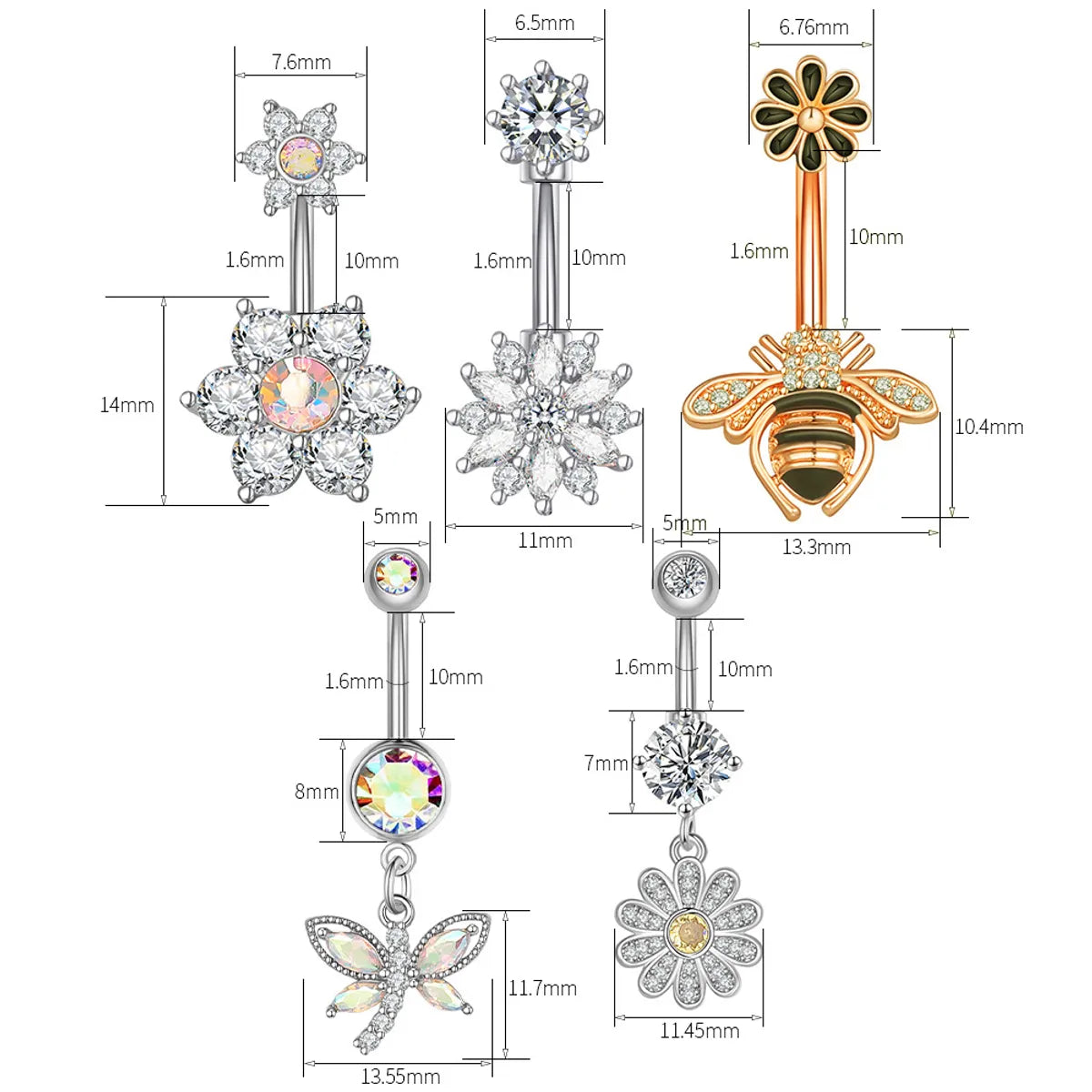 Fashion Flower Bee Stainless Steel Plating Artificial Gemstones Belly Ring