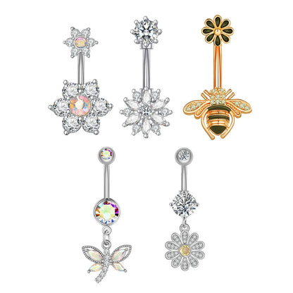 Fashion Flower Bee Stainless Steel Plating Artificial Gemstones Belly Ring