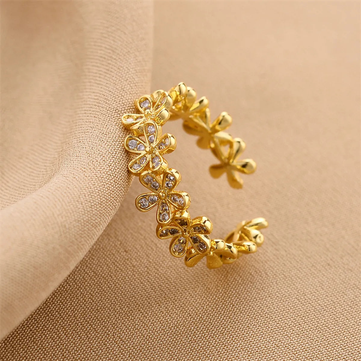 Fashion Flower Copper Plating Zircon Open Ring 1 Piece