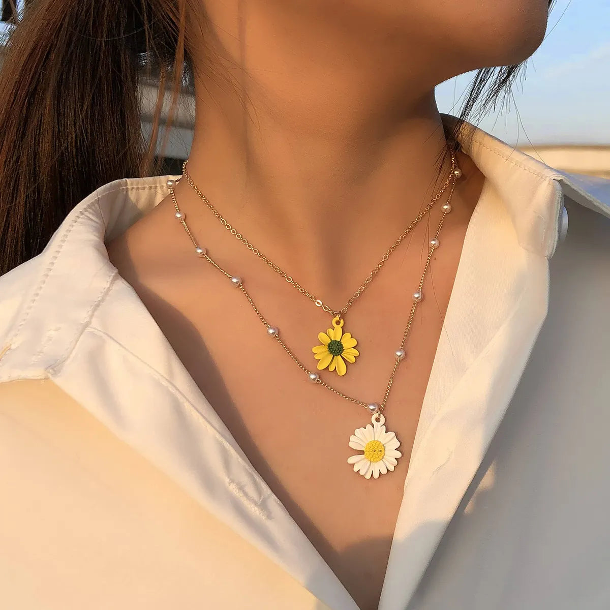 Fashion Flower Daisy Alloy Layered Necklace