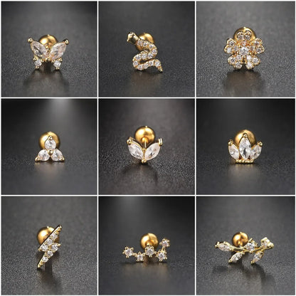 Fashion Flower Snake Butterfly Copper Plating Inlay Zircon Ear Studs 1 Piece