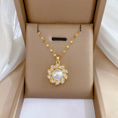 Wholesale Fashion Flower Stainless Steel Brass Plating Inlay Pearl Zircon Rings Necklace