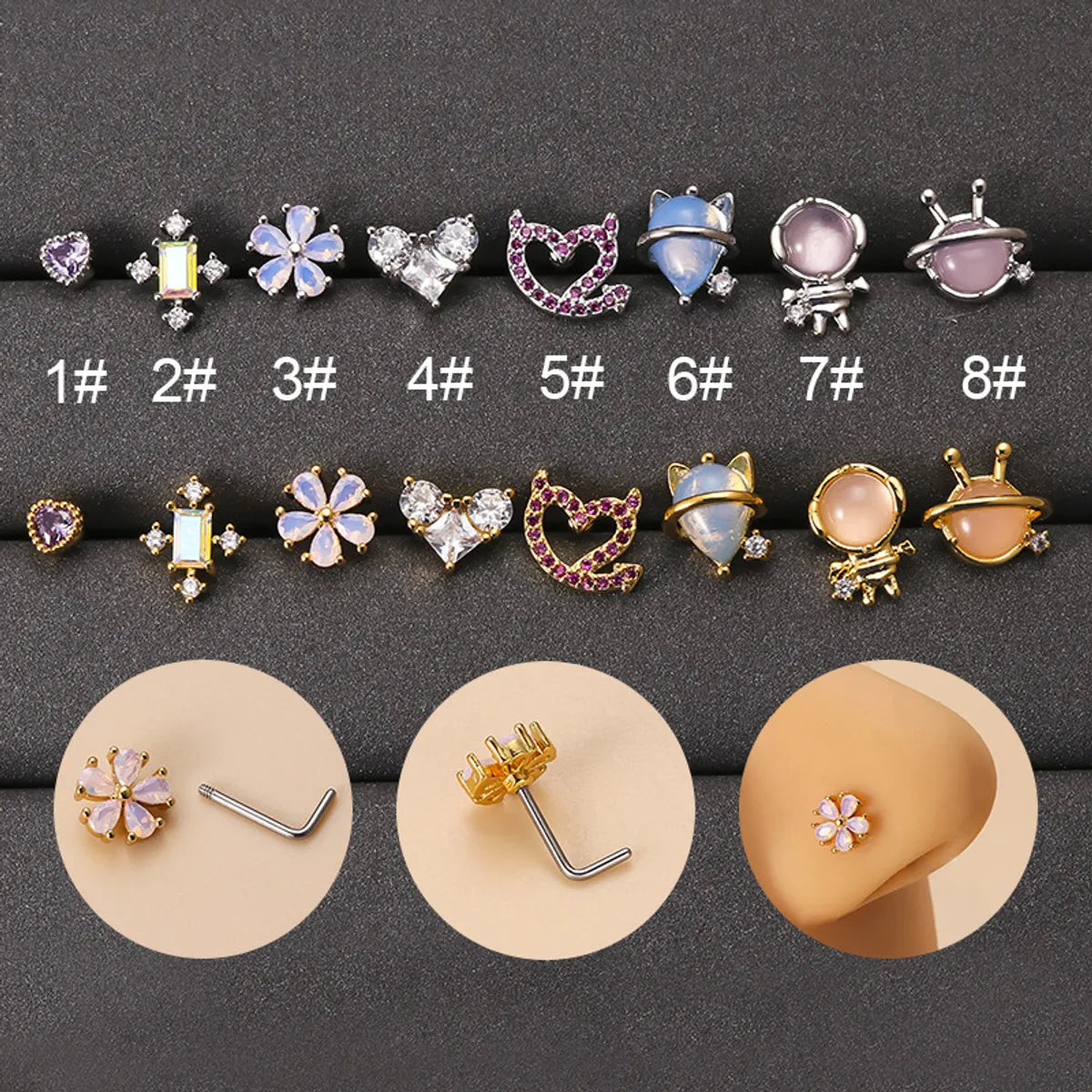 Fashion Flower Stainless Steel Inlay Zircon Nose Studs 1 Piece