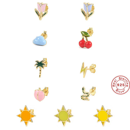 Fashion Flower Sterling Silver Enamel Plating Ear Studs 1 Piece