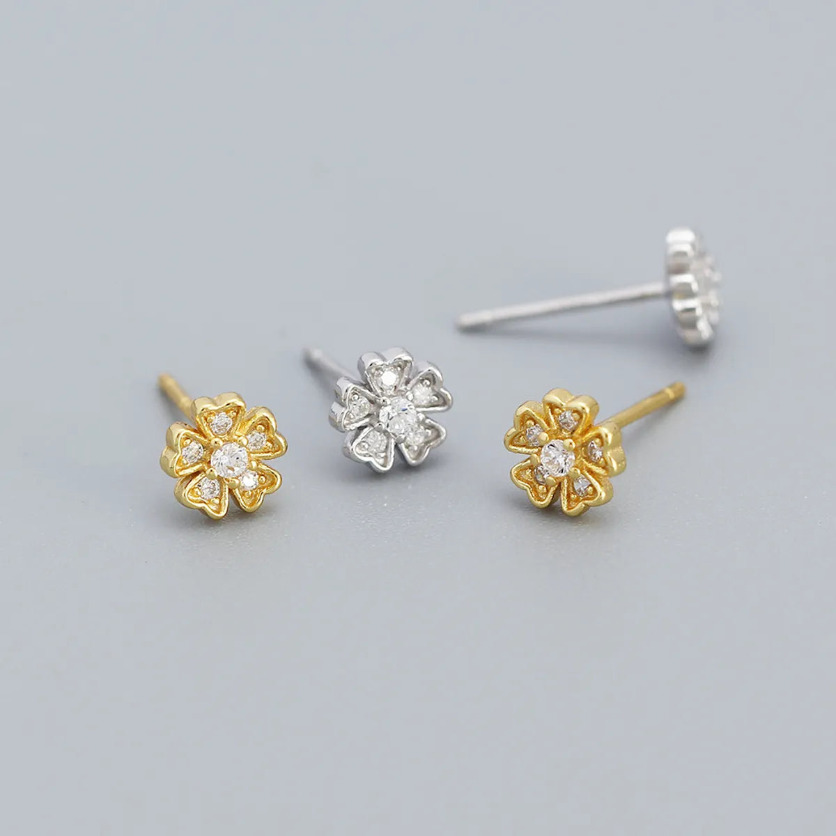 Fashion Flower Sterling Silver Inlay Zircon Ear Studs 1 Pair