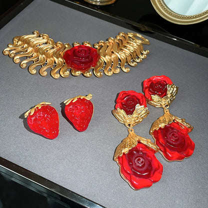 Fashion Flower Strawberry Resin Copper Women'S Bracelets Earrings