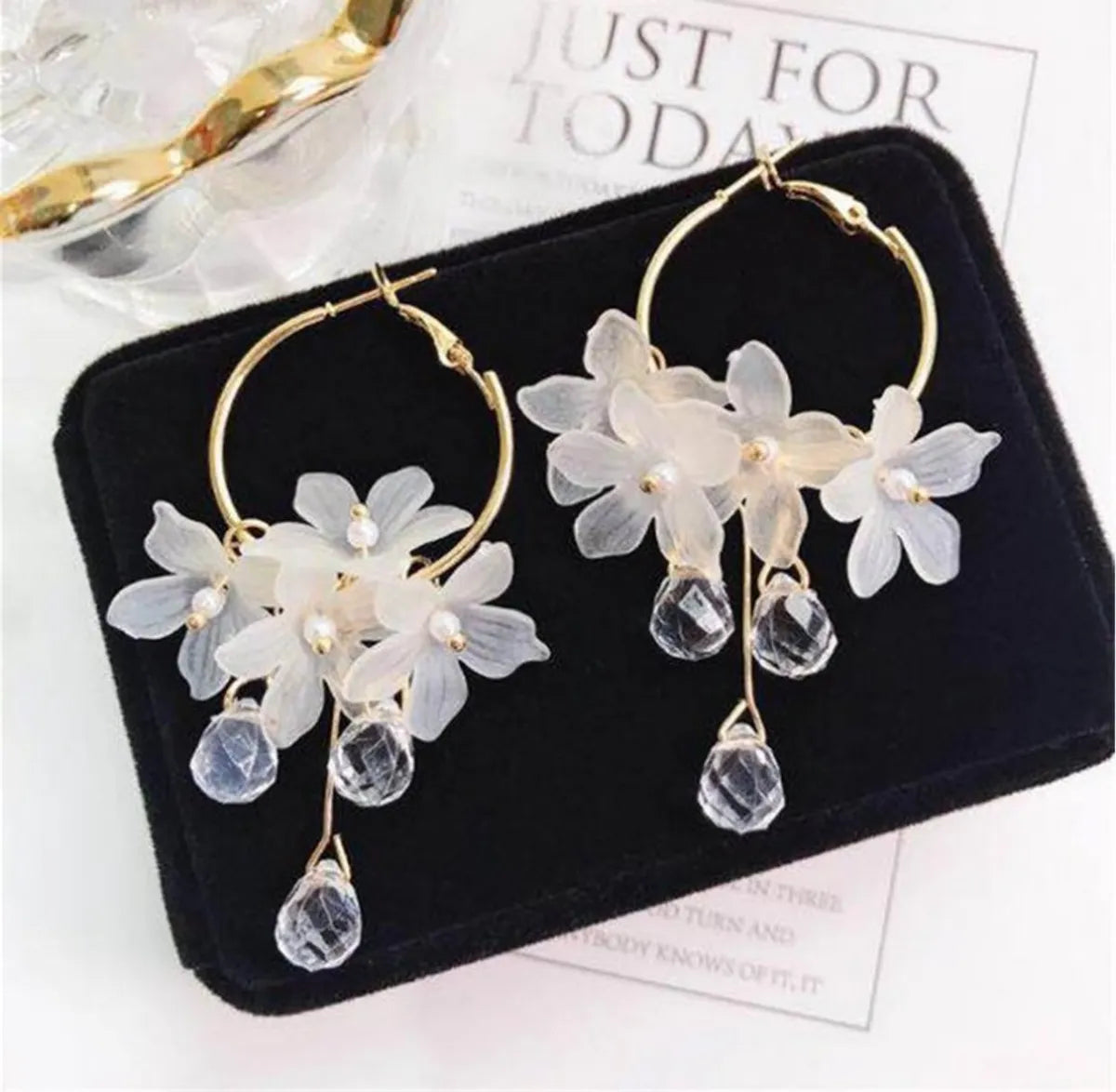 Fashion Flower Tassel Water Drop Pendant Crystal Petal Earrings