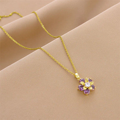 Fashion Flower Titanium Steel Inlay Zircon Pendant Necklace 1 Piece