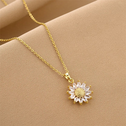 Fashion Flower Titanium Steel Inlay Zircon Pendant Necklace 1 Piece