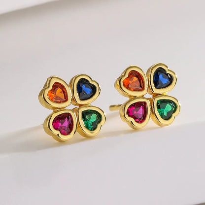 Fashion Four Leaf Clover Dragonfly Copper Gold Plated Zircon Ear Studs 1 Pair