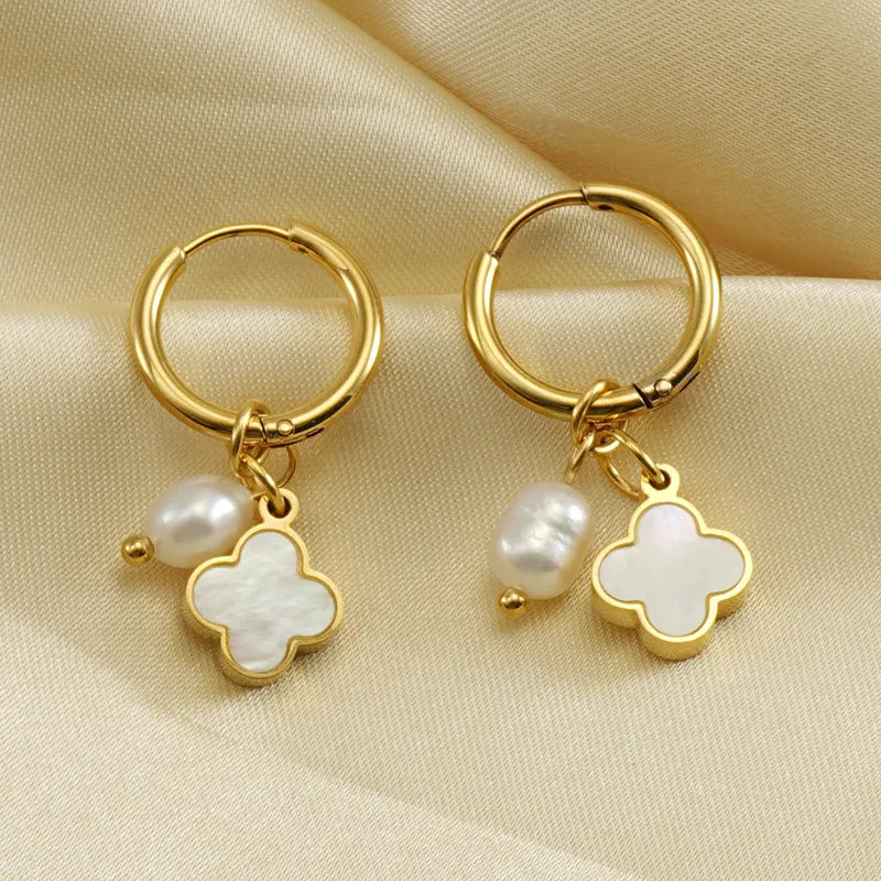 1 Pair Fashion Four Leaf Clover Inlay Titanium Steel Artificial Pearls Shell Drop Earrings