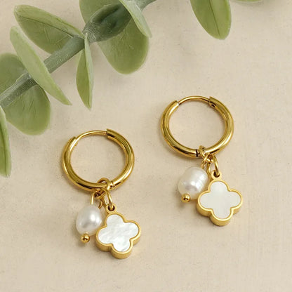 1 Pair Fashion Four Leaf Clover Inlay Titanium Steel Artificial Pearls Shell Drop Earrings