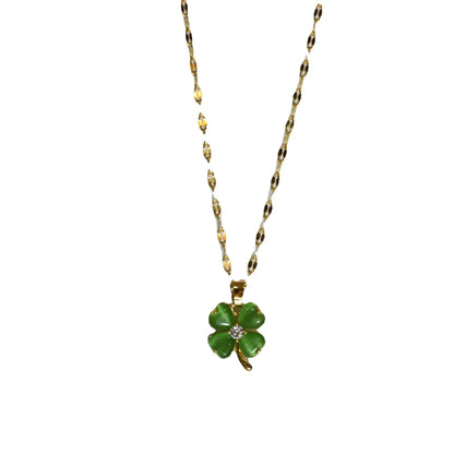 Fashion Four Leaf Clover Titanium Steel Inlay Opal Necklace