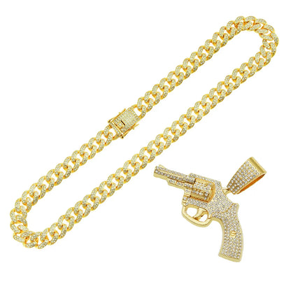 Fashion Full Diamond Gun Pendant Cuban Chain Alloy Necklace