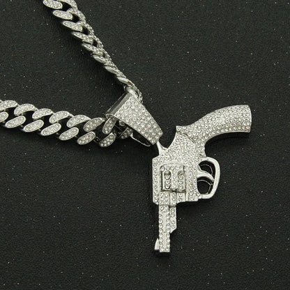 Fashion Full Diamond Gun Pendant Cuban Chain Alloy Necklace