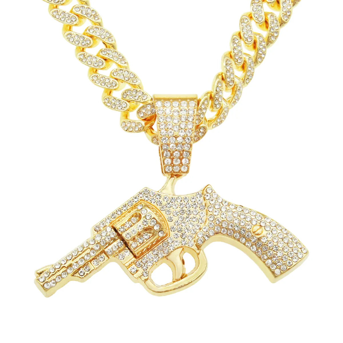 Fashion Full Diamond Gun Pendant Cuban Chain Alloy Necklace