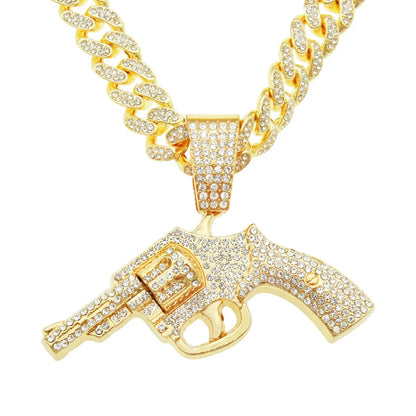 Fashion Full Diamond Gun Pendant Cuban Chain Alloy Necklace