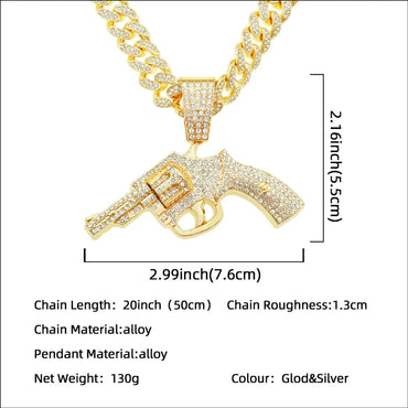 Fashion Full Diamond Gun Pendant Cuban Chain Alloy Necklace