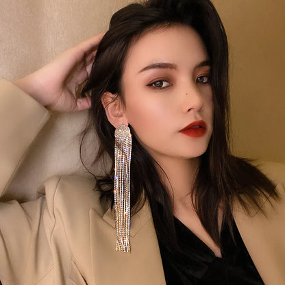 Fashion Full Rhinestone Long Tassel Earrings