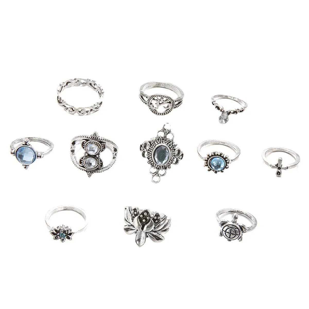 Fashion Gemstone Turtle Cross Lotus Water Drop Flower 11 Piece Set Ring