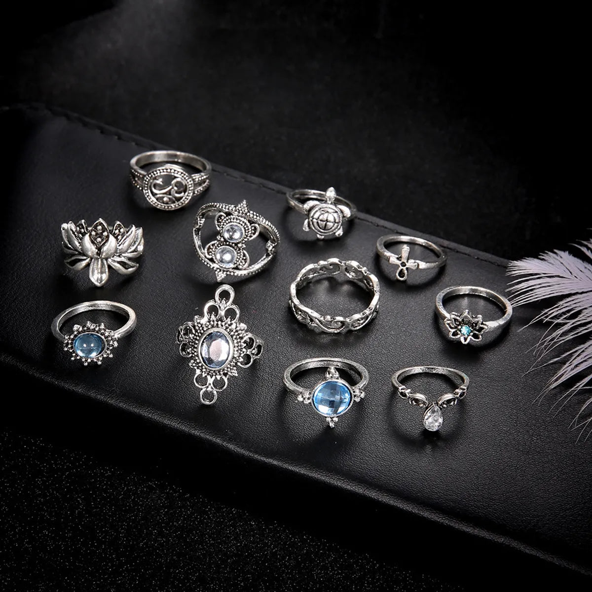 Fashion Gemstone Turtle Cross Lotus Water Drop Flower 11 Piece Set Ring