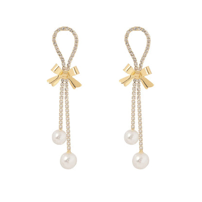 Fashion Geometric Bow Knot Alloy Inlay Artificial Pearls Rhinestone Dangling Earrings