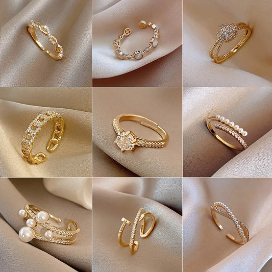 Fashion Geometric Copper Artificial Pearls Zircon Open Ring In Bulk