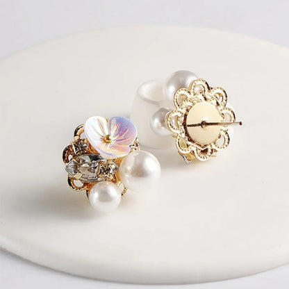 Fashion Geometric Crystal Pearl Shell Flower Stud Earrings