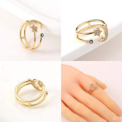 Fashion Geometric Devil's Eye Star Copper Open Ring Rhinestone Plating Zircon Copper Rings