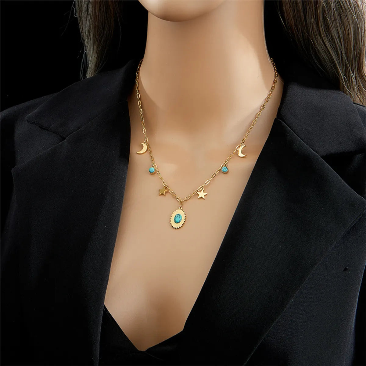 Wholesale Jewelry Fashion Geometric Devil'S Eye 304 Stainless Steel Artificial Rhinestones Resin 18K Gold Plated Ellipse Plating Inlaid Turquoise Layered Necklaces