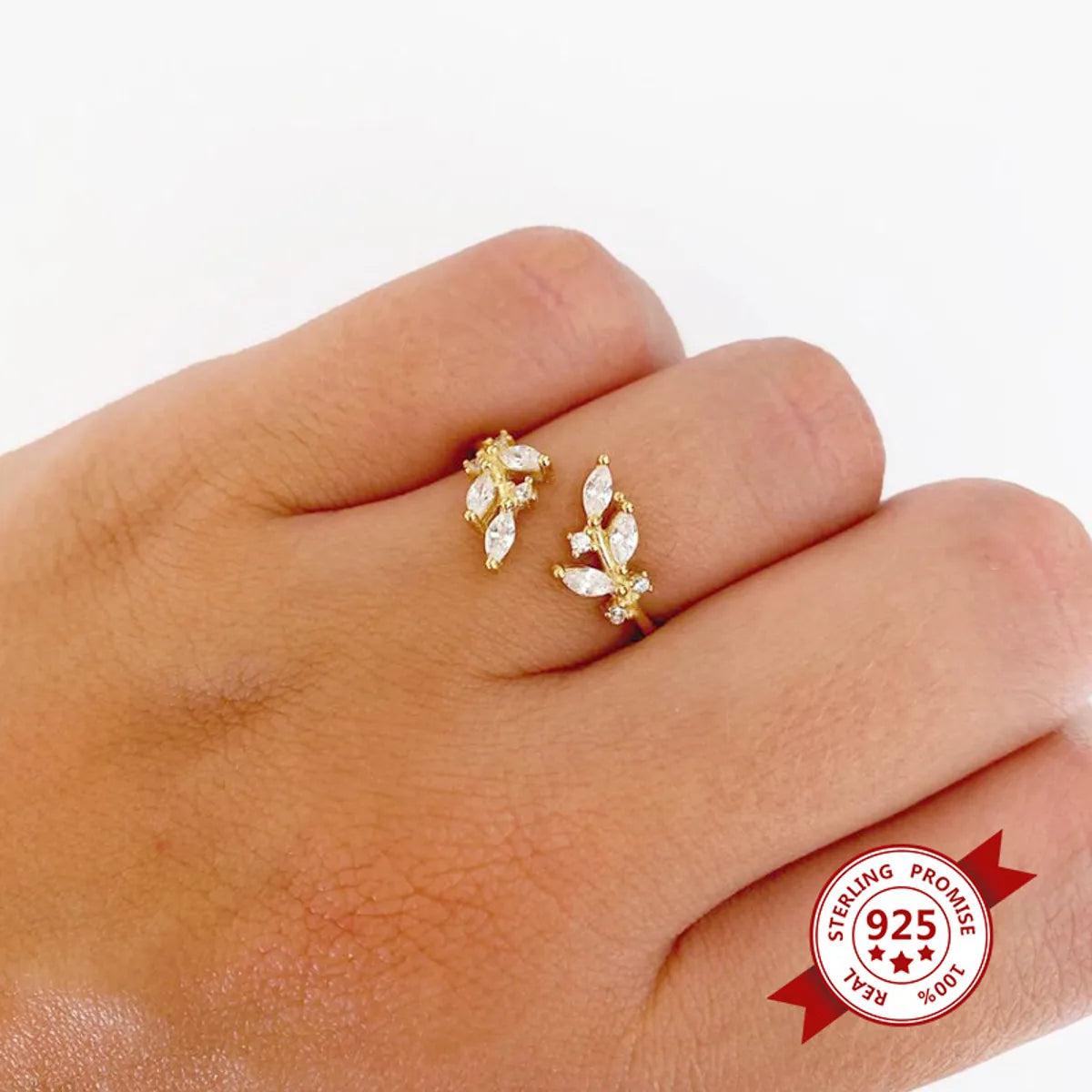 Fashion Geometric Diamond Leaf 18k Gold Ring Small Personality Open Ring Female