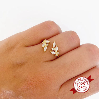 Fashion Geometric Diamond Leaf 18k Gold Ring Small Personality Open Ring Female