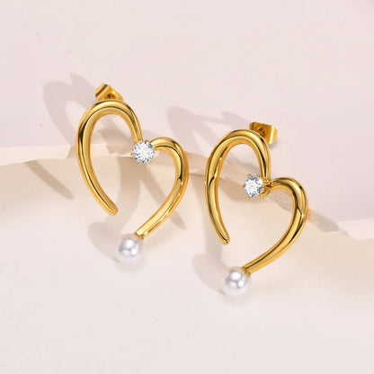 Fashion Geometric Heart Shape Stainless Steel Inlay Artificial Pearls Zircon Earrings 1 Pair