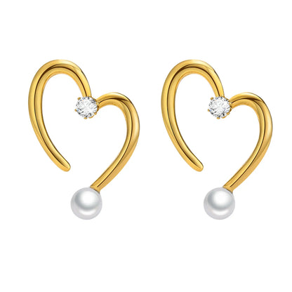 Fashion Geometric Heart Shape Stainless Steel Inlay Artificial Pearls Zircon Earrings 1 Pair