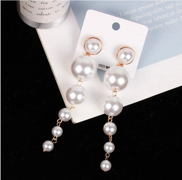 Fashion Geometric Large Small Pearls Long Tassel Beaded Eardrops