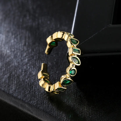 Fashion Geometric Open Copper Plated 18k Gold Colorful Zircon Ring