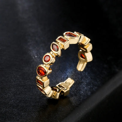 Fashion Geometric Open Copper Plated 18k Gold Colorful Zircon Ring