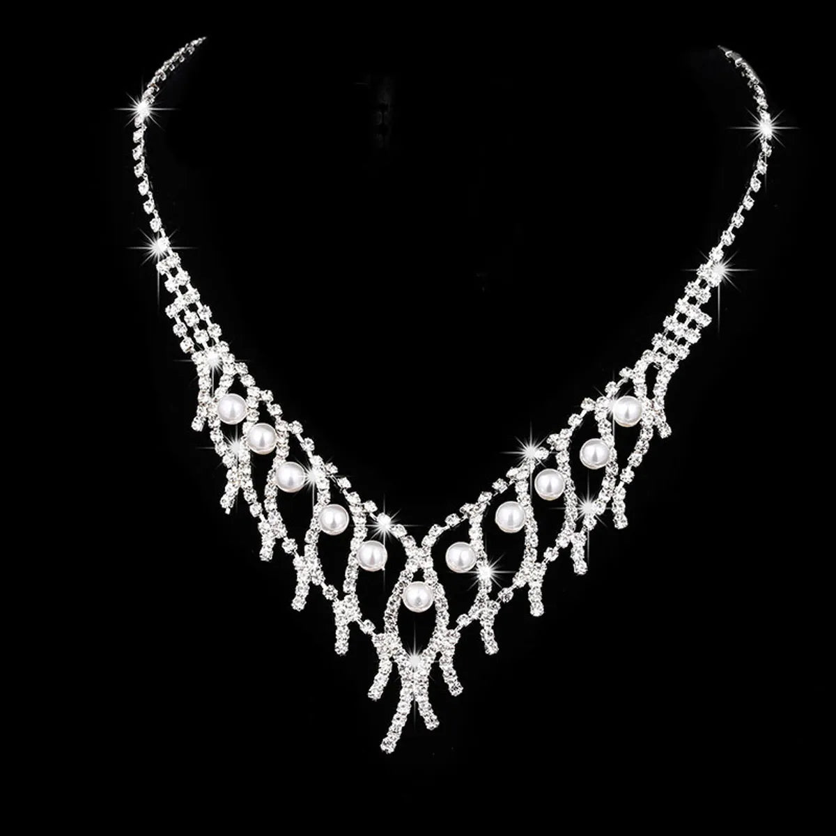 Fashion Geometric Rhinestone Plating Earrings Necklace 1 Set