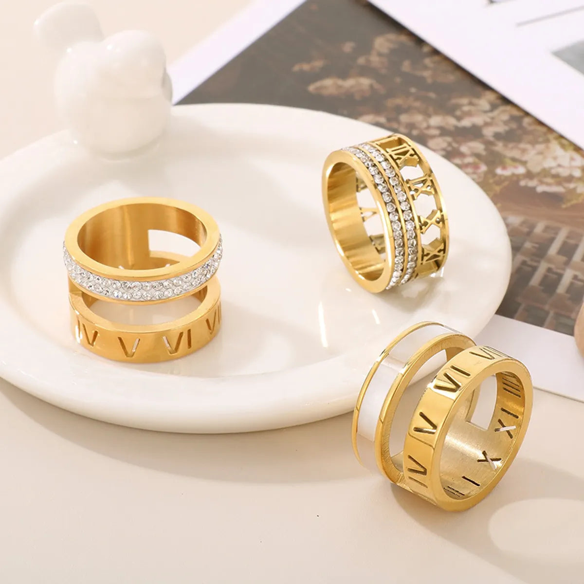 Wholesale Jewelry Fashion Geometric Roman Numeral Titanium Steel Rhinestones 18K Gold Plated Plating Inlay Rings