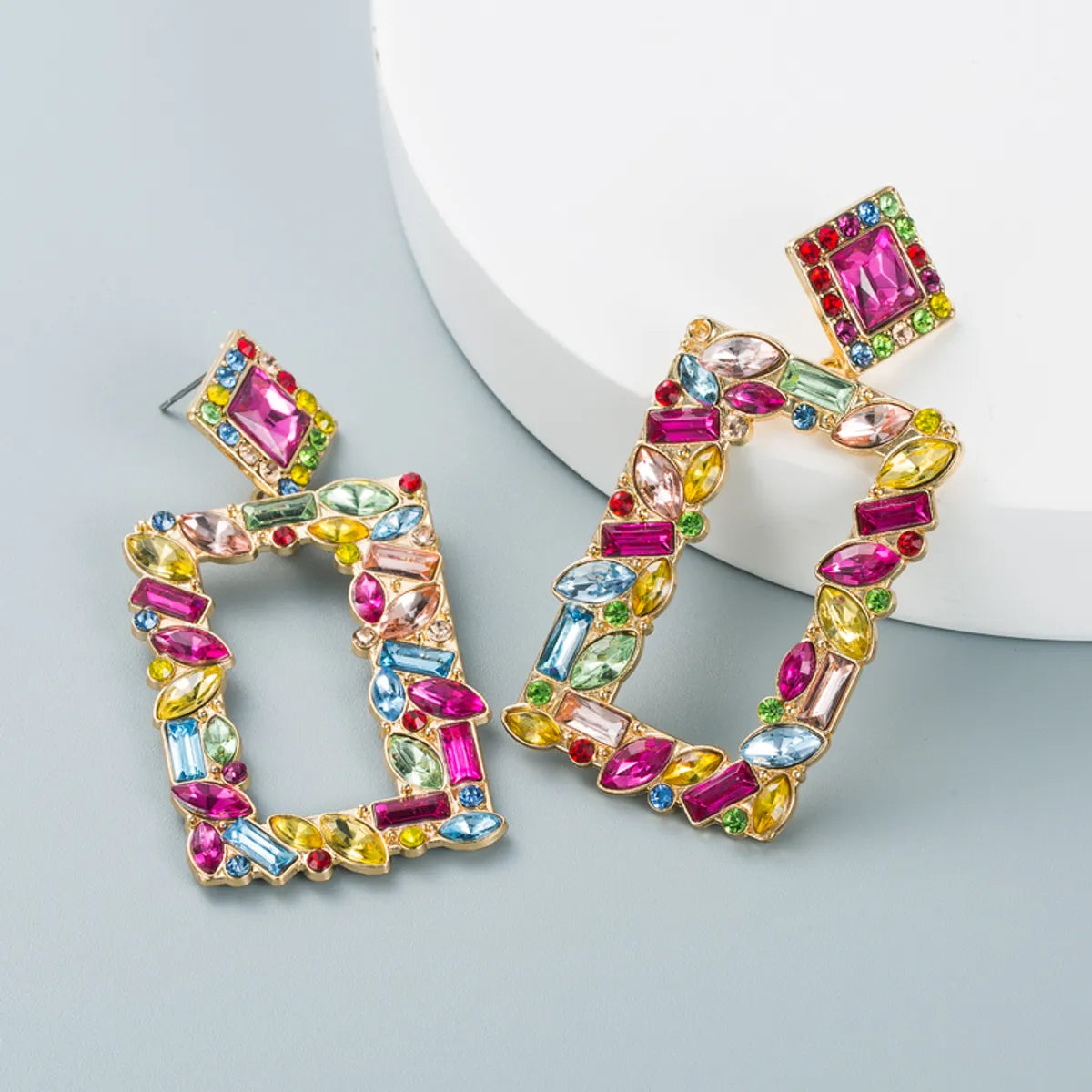 Fashion Geometric Square Alloy Inlaid Color Rhinestones Earrings Wholesale Nihaojewelry