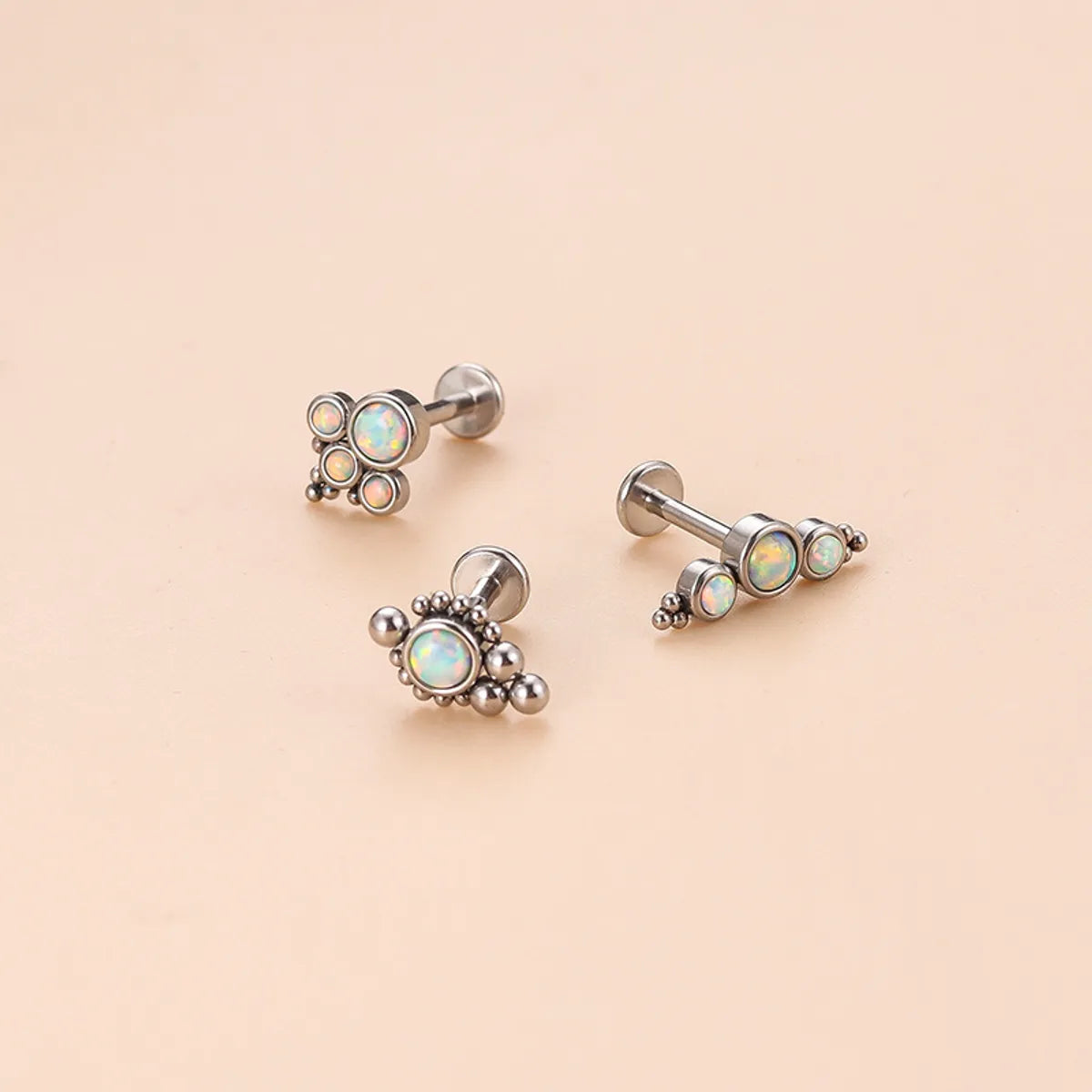 Fashion Geometric Stainless Steel Inlay Opal Gem Lip Stud 1 Piece