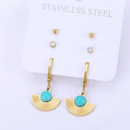 Fashion Geometric Stainless Steel Inlay Turquoise Rhinestone Earrings Ear Studs