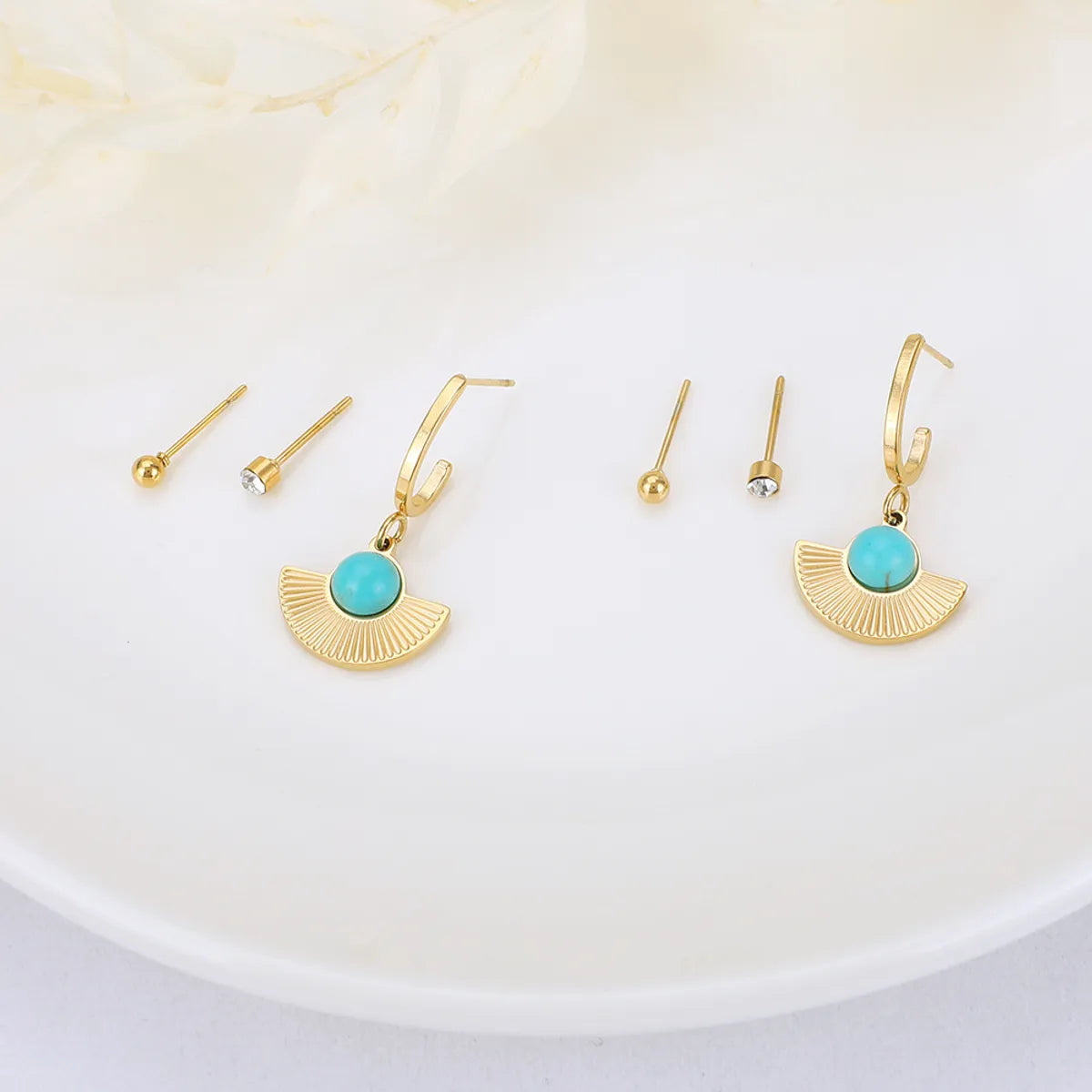 Fashion Geometric Stainless Steel Inlay Turquoise Rhinestone Earrings Ear Studs