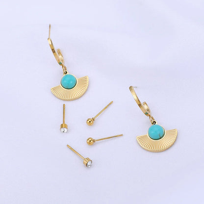 Fashion Geometric Stainless Steel Inlay Turquoise Rhinestone Earrings Ear Studs