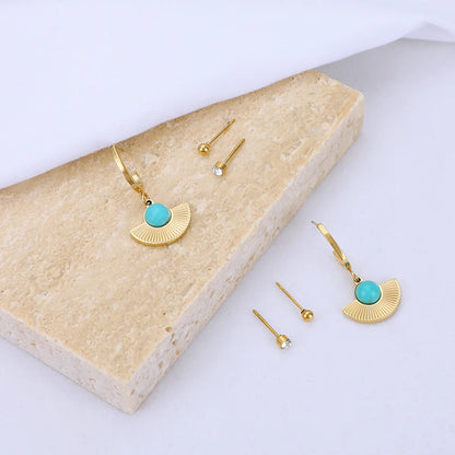 Fashion Geometric Stainless Steel Inlay Turquoise Rhinestone Earrings Ear Studs