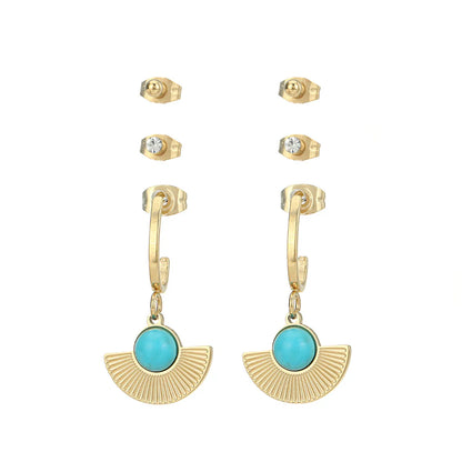 Fashion Geometric Stainless Steel Inlay Turquoise Rhinestone Earrings Ear Studs