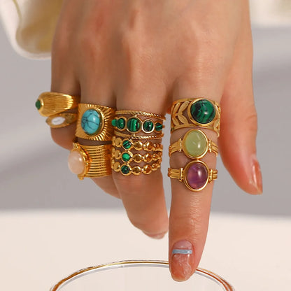 Fashion Geometric Stainless Steel Irregular Artificial Gemstones Gold Plated Rings