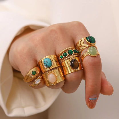 Fashion Geometric Stainless Steel Irregular Artificial Gemstones Gold Plated Rings